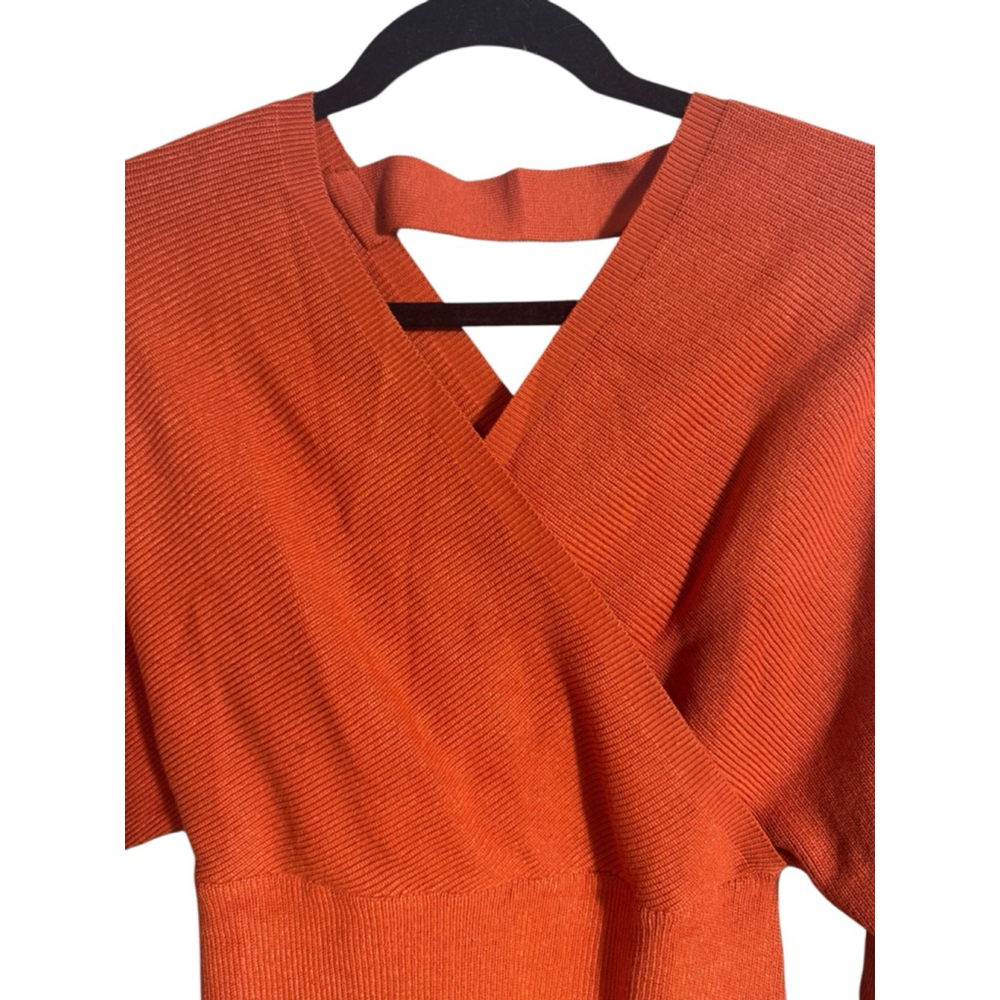 Size L Long Sleeve Ribbed Fall Winter Long Sleeve Wrap Midi Dress Burnt Orange - Picture 3 of 7
